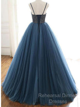 Ball Gown Deep Blue Tulle Semi Formal Prom Dress Evening Dress With Beading,
